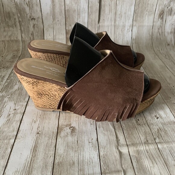 Brenda Zaro Women's Suede Wedge Slip on Slideswith Fringe Size 7.5 Made in Spain - Picture 1 of 9
